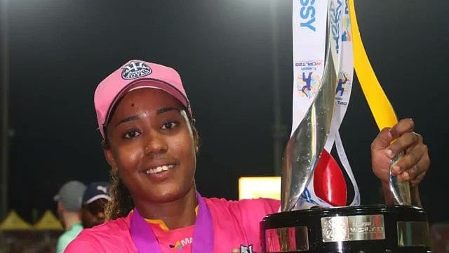 Photo: X | Women Cricket : Barbados Royals women captain Hayley Mathews with the WCPL trophy.